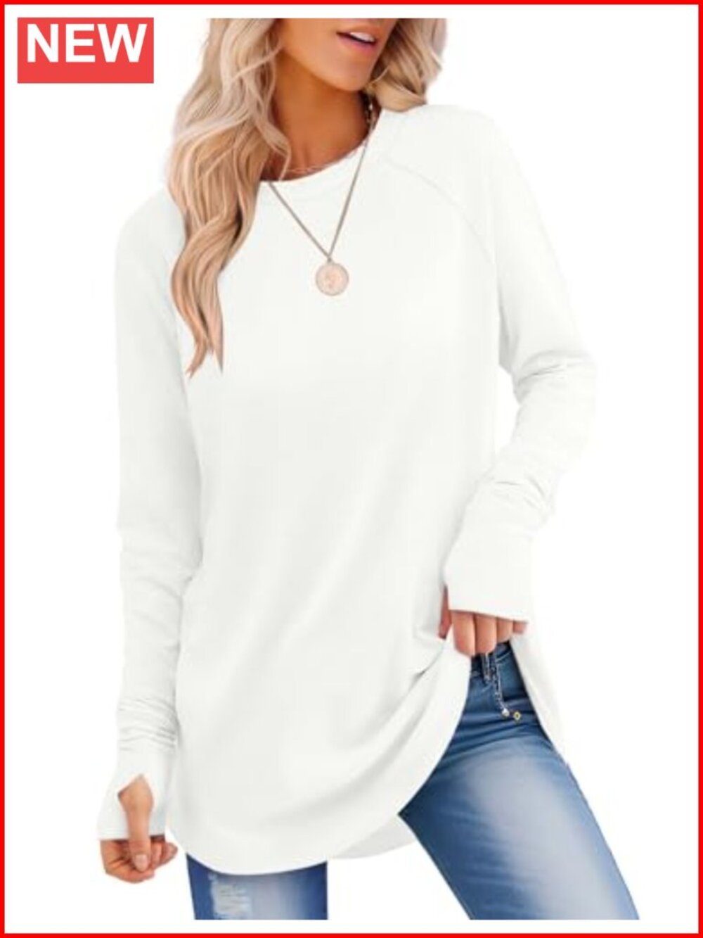 Womens Tunic Top Long Sleeve Thumb Hole Curved Hem Pullover Shirt